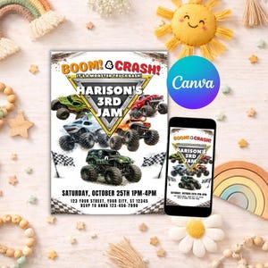 May include: A party invitation with the text "BOOM! & CRASH!" and "HARISON'S 3RD JAM" featuring monster truck illustrations. A smartphone displays the same design. The invitation includes event details and RSVP information.