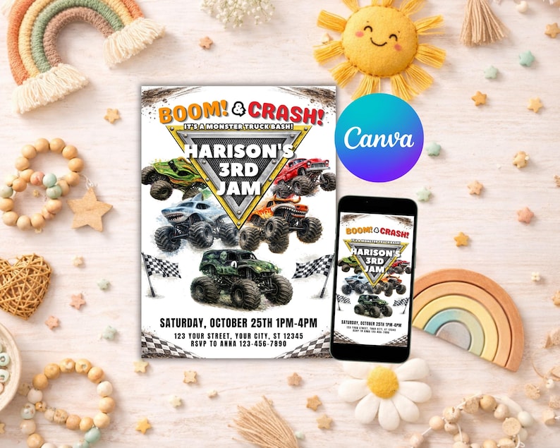 May include: A party invitation with the text "BOOM! & CRASH!" and "HARISON'S 3RD JAM" featuring monster truck illustrations. A smartphone displays the same design. The invitation includes event details and RSVP information.