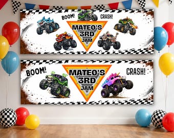 Monster Truck Birthday Banner Editable Canva Template, Monster Truck Birthday Backdrop, Printable Party Banner, Instant Download B176