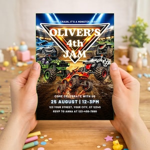 May include: A party invitation featuring monster trucks. The invitation reads "Oliver's 4th JAM" with the event details: August 25th, 12-3PM. The design includes a stadium backdrop and the text "COME CELEBRATE WITH US".