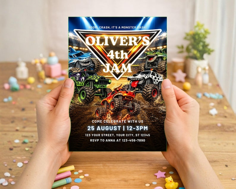 May include: A party invitation featuring monster trucks. The invitation reads "Oliver's 4th JAM" with the event details: August 25th, 12-3PM. The design includes a stadium backdrop and the text "COME CELEBRATE WITH US".