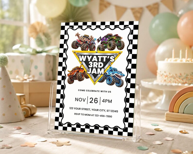 May include: A rectangular party invitation card with a black and white checkered border. The card features four monster truck illustrations surrounding a yellow triangle with the text WYATT'S 3RD JAM. It includes event details for Nov 26 at 4PM.