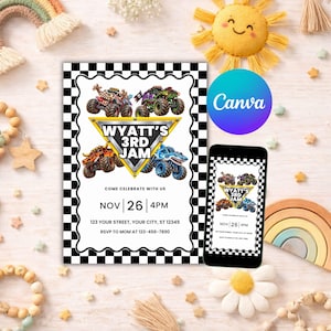 May include: A rectangular birthday invitation card and a smartphone screen displaying the same design, featuring a black and white checkered border, four monster truck illustrations, and the text Wyatt's 3rd Jam, Nov 26, 4pm, 123 Your Street, Your City, ST 12345, RSVP to Mom at 123-456-7890.