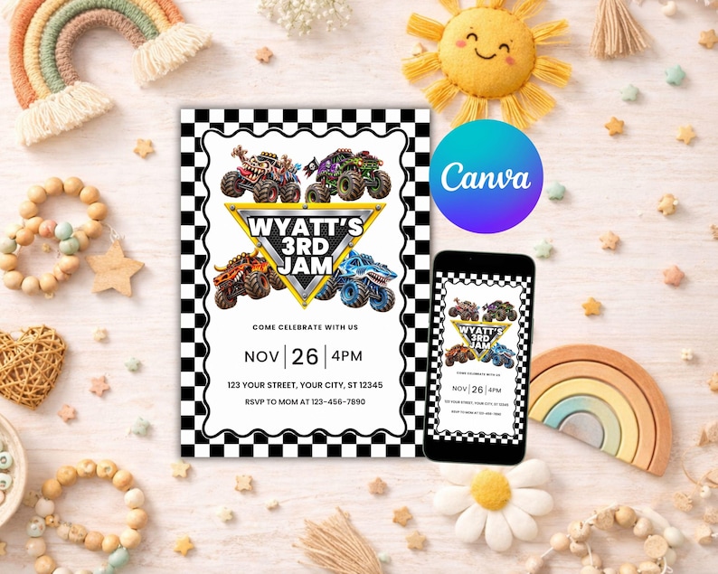 May include: A rectangular birthday invitation card and a smartphone screen displaying the same design, featuring a black and white checkered border, four monster truck illustrations, and the text Wyatt's 3rd Jam, Nov 26, 4pm, 123 Your Street, Your City, ST 12345, RSVP to Mom at 123-456-7890.