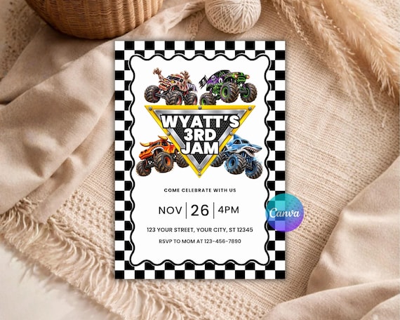 Monster Truck Birthday Invitation, Monster Jam Party Invite, Editable Canva Template, Boys Truck Birthday, Printable Digital Download B198