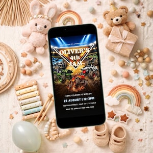 May include: A smartphone displays a birthday party invitation with the text "Oliver's 4th Jam". The invitation features monster trucks and event details. The image is surrounded by toys, including a plush bunny, teddy bear, and rainbow decor.