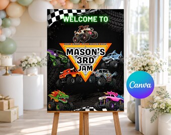 Monster Truck Birthday Welcome Sign Editable Canva Template Printable Birthday Party Sign Kids Party Decor Instant Download B174