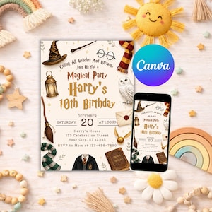 Może przedstawiać: Zaproszenie na imprezę w stylu Harry'ego Pottera z tekstem "Calling All Witches And Wizards Join Us for a Magical Party Harry's 10th Birthday". Zaproszenie zawiera ilustracje kapelusza czarodzieja, okular&oacute;w, r&oacute;żdżki i sowy. Smartfon wyświetla to samo zaproszenie.