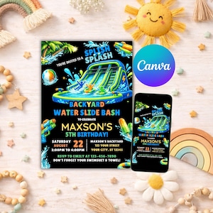 Op de afbeelding: Een uitnodiging voor een verjaardagsfeestje met een waterglijbaan thema. De uitnodiging bevat een waterglijbaan afbeelding met de tekst "Splash Splash" en "Backyard Water Slide Bash". Een smartphone toont hetzelfde ontwerp.
