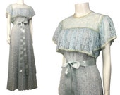 1970s Lace Godess Dress Baby Blue Tiered Tie Belted Long Dress Women s Medium