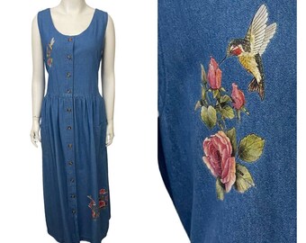 1990s Blue Jean Cotton Sleeveless Dress Painted Hummingbirds S/M