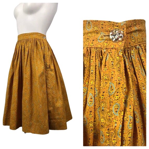 1950s Gold Cotton Floral Paisley Full Skirt / Wom… - image 3