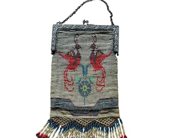 Antique 1920s Beaded Purse with Birds – Art Deco Frame – Flapper Evening Bag -
