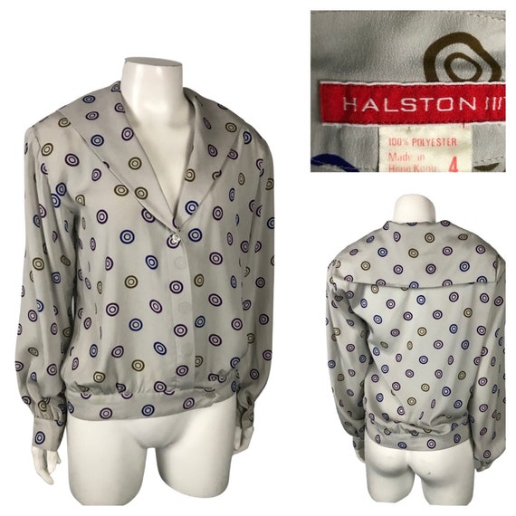 1980s Halston Blouse / 80s Low Cut Novelty Print … - image 1