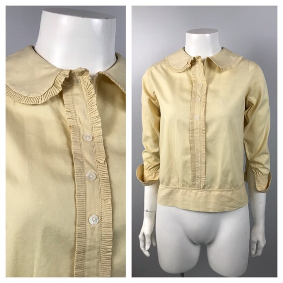 1930s Blouse Top / 30s Creme Ruffled Cotton Butto