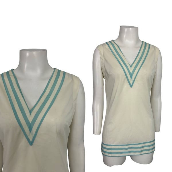 1960s Sleeveless Stripe V Neck Loungewear Long Top Sleepwear / Medium