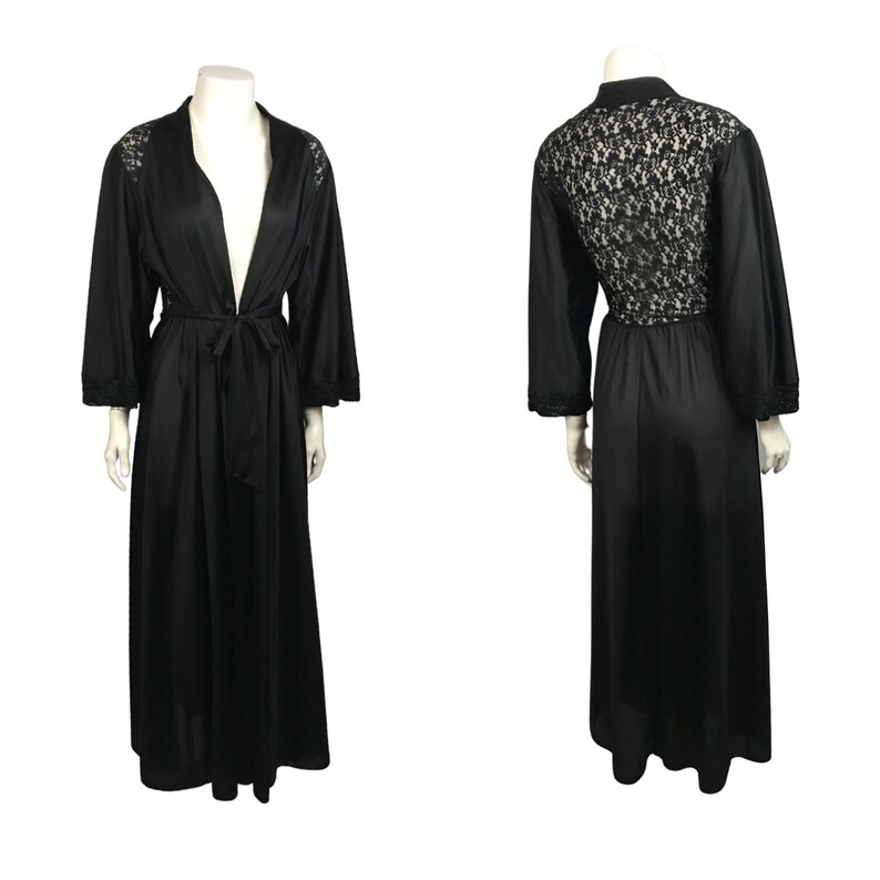 1960s Black Tie Nightgown Long Sleeve Lace Maxi Nightgown Sleepwear Women\u2019s Small