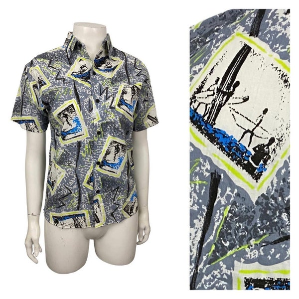 Vintage 1990s Surf Graphic Cotton Button Up Collared Shirt Top / XXS bust 32 *