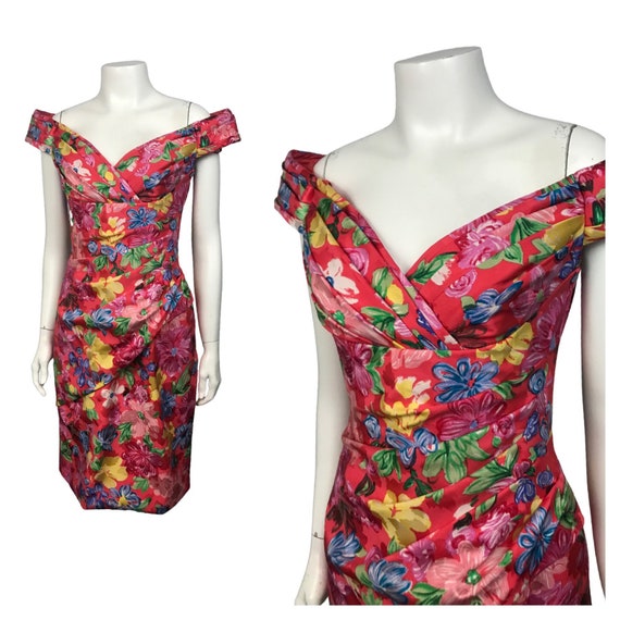 1980s AJ Bari Party Dress / Floral Silk Wiggle Dre