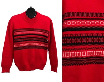 Années 1970 Red Stripe Fair Isle Pullover Sweater Mock Neck / Mens Small *