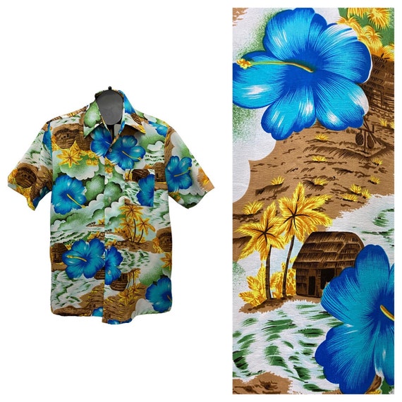 1970s Hawaiian Shirt / Tiki Novelty Print Button … - image 1