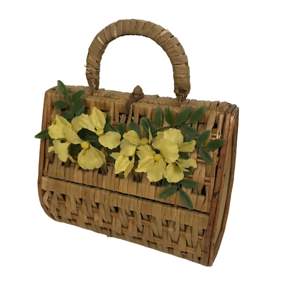 1960s Wicker Basket Handbag / Woven Wood Box Purse