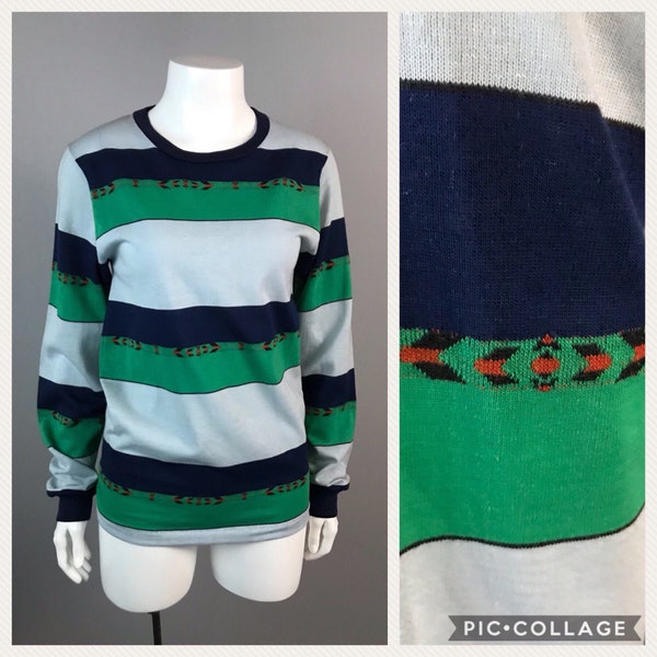 Vintage 1960s 1970s Blue & Green Embroidered Stripe Knit Crew Neck T Shirt / Women's Small / 70s Long Sleeve Sweater Tee Casual Hipster