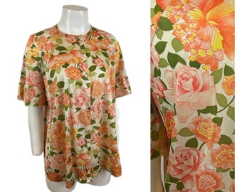 1960s Vanity Fair Orange Rose Floral Blouse Loungewear Top / women’s XS *