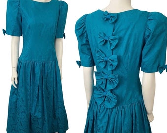 1980s Teal Blue Paisley Brocade Party Dress with Bows / size 6 *