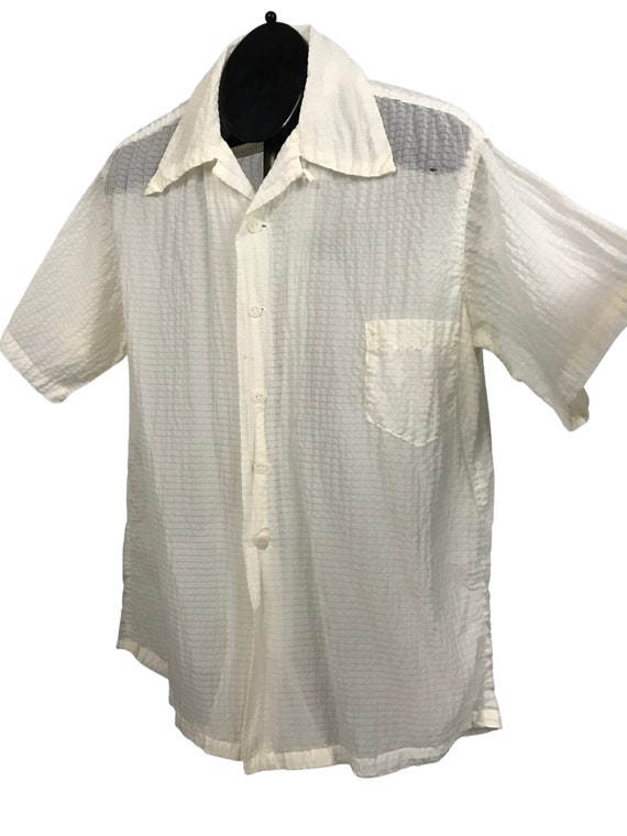 1950s Mens shirt / White Sheer Nylon Loop Collar S