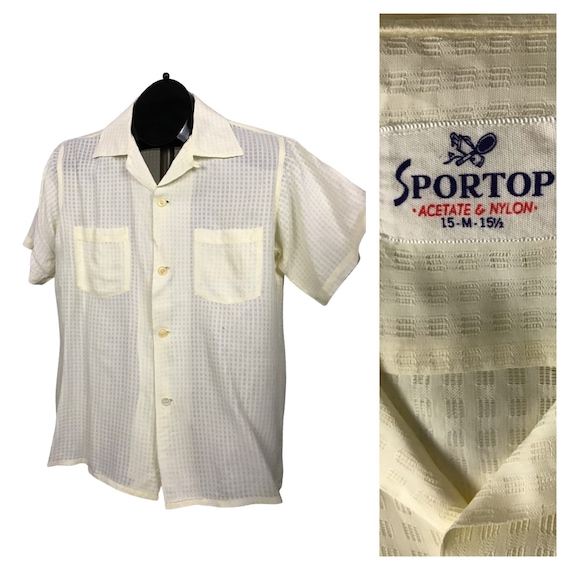 1950s Mens shirt / White Sheer Nylon Loop Collar S