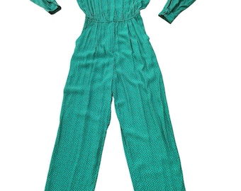 Vintage 80s Jumpsuit Green Black Polka Dot Wide Leg Rayon Size 10 -