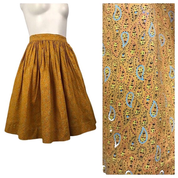 1950s Gold Cotton Floral Paisley Full Skirt / Wom… - image 1