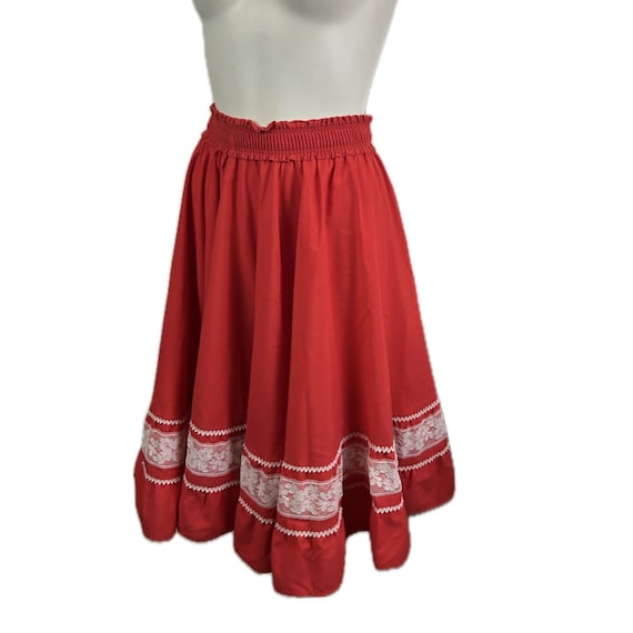 1980s Red with White Lace Full Circle Skirt Squar… - image 2