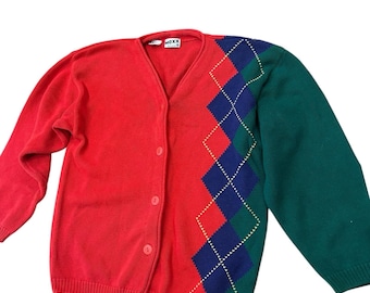 Vintage Red Colorblock Argyle Cardigan Sweater 80s Preppy Knit Sweater / Small -