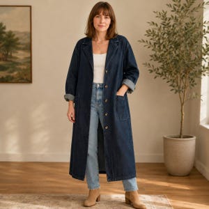 May include: A long, dark blue denim duster coat featuring a notched lapel, a button-front closure, and two large patch pockets. The coat has long sleeves with folded cuffs, worn over a white tank top and light blue denim jeans with tan boots.