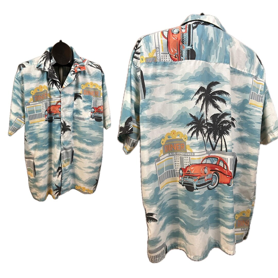 1950s Style Hot Rod Novelty Print Button Down Shirt Loop Collar / Mens ...