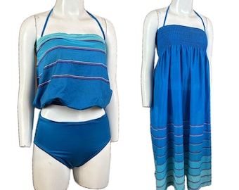 Vintage 1980s Teal Blue 2 Piece bikini Bathing Suit with Tube top Dress / Small