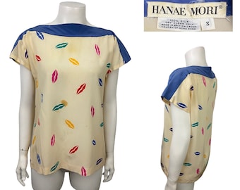 1980s Hanae Mori Boatneck Blouse / Lips Pop Art Print Shirt Top AS IS / Women’s Small