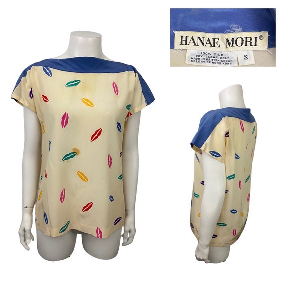 1980s Hanae Mori Boatneck Blouse / Lips Pop Art P… - image 1