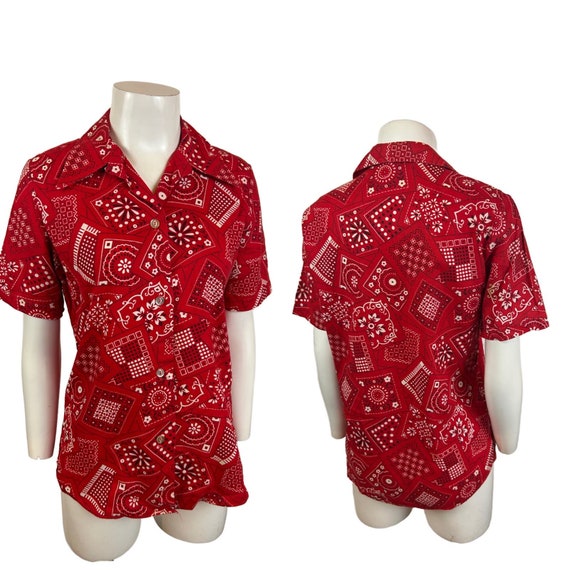 1960s Red Cotton Bandana Button Down Shirt Dagger… - image 3