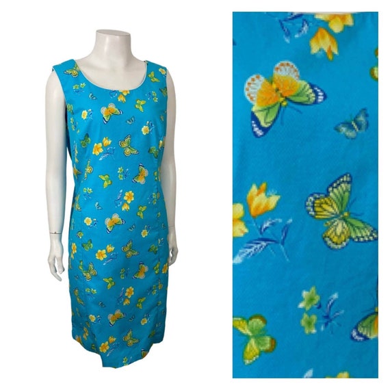 Y2K Aqua Blue Butterfly Print Sleeveless Cotton Dr