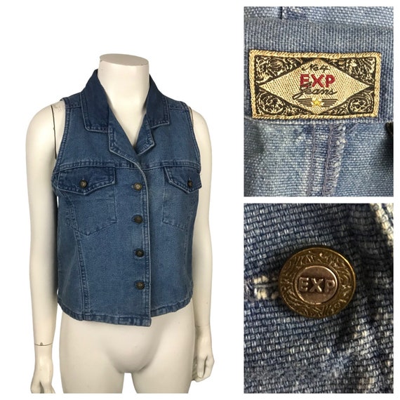 1990s Express Denim Vest / 90s Blue Jean Button U… - image 10