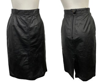 Vintage Black Leather Skirt / 80s Retro Below Knee Length Midi Skirt / Women’s Small