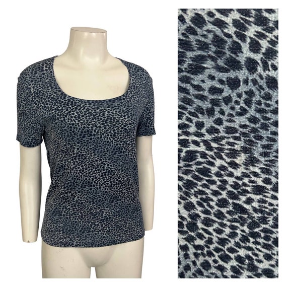 1990s Blue Semi Sheer Leopard Print Scoop Neck Bl… - image 1