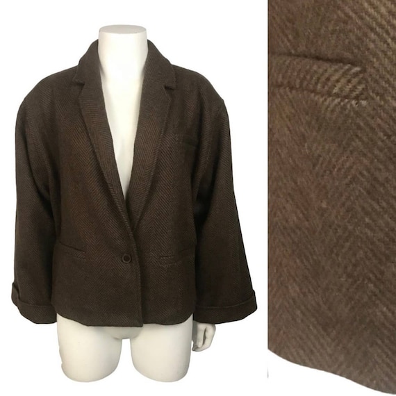1990s Brown Wool Herringbone Blazer Jacket Crop Co