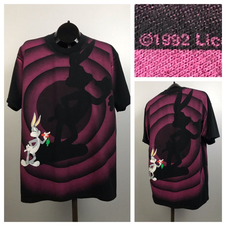 1990s Looney Tunes Shirt 90s Bugs Bunny Shadow Allover Print Graphics Shirt Men/'s Large