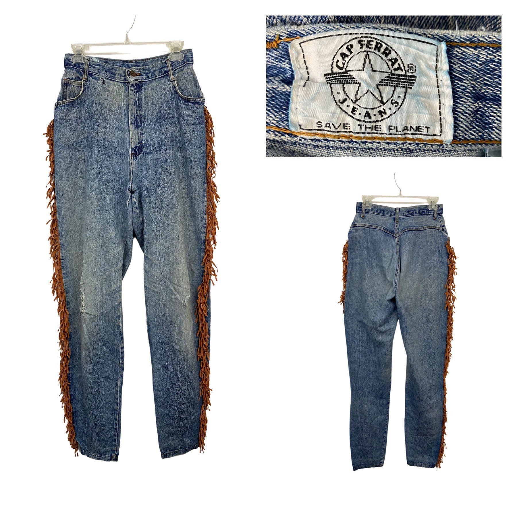 Vintage Fringe Trim Blue Jeans / Distressed AS IS Denim Tapered