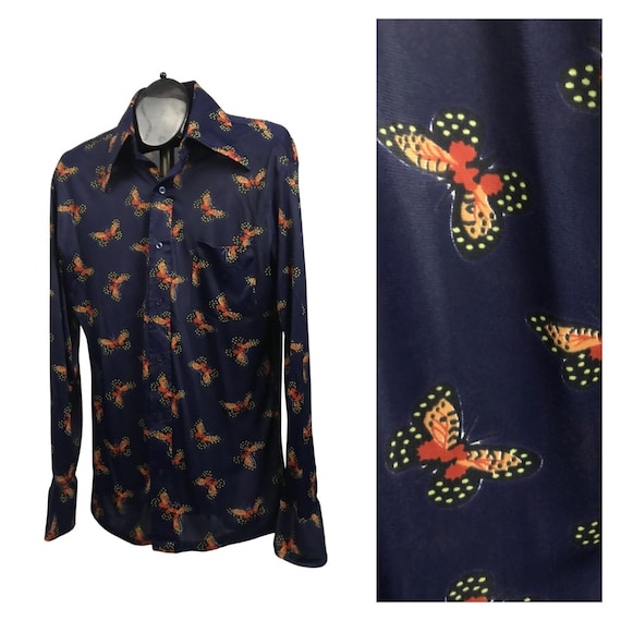 1970s Novelty Print Shirt / 70s Butterfly Print Ny