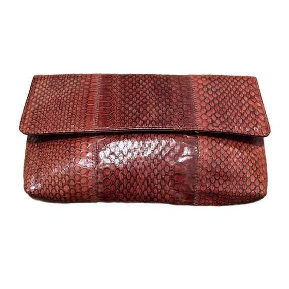 1960s Brown Snakeskin Leather Clutch Purse Handba… - image 1